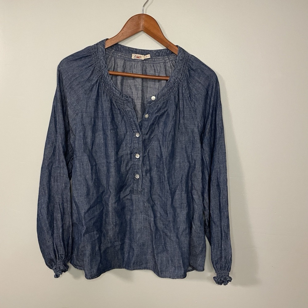 Faherty Odette Linen Blend Denim Top XS Chambray Peasant Blouse Boho Beach